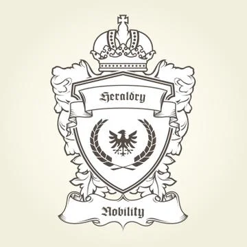 Coat of arms template with heraldic eagle, shield, crown and banner Stock Illustration