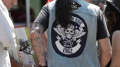 Coat or patch of Born to Ride since 1962 in a biker's cowboy vest Vídeos de archivo 89985250