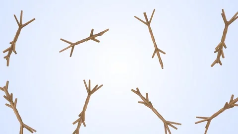 Coat Stands Falling on a Light Blue Background. Wooden Coat Racks 3D. 4K Stock Footage 306794122