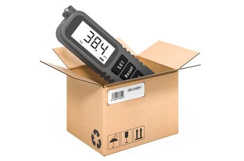 Coating thickness gauge inside cardboard box, delivery concept. 3D rendering Illustration
