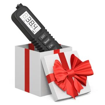 Coating thickness gauge inside gift box, gift concept. 3D rendering Ilustração Stock