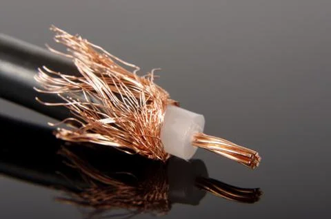 Coaxial cable macro close up isolated on the black reflecting surface Stock Photos