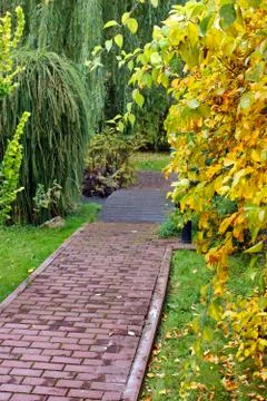 Cobble stone path in the fall garden Stock Photos