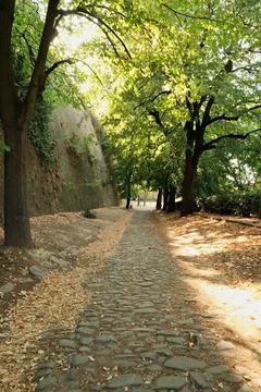 Cobble stone path leading up to the Upper Petrovaradin Fortress along one of  Stock Photos