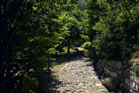 Cobbled path by the edge of a cliff with trees on a clear sunny day in a park Stock Photos