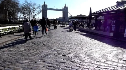 Cobbled walkway with Tower Bridge in background in London United Kingdom Video stock 47031346