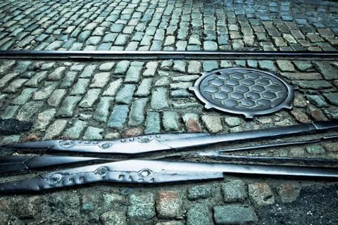 Cobblestone and rails Stock Photos