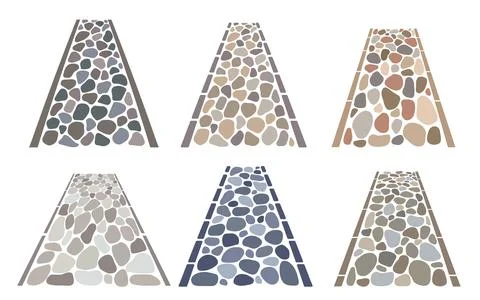 Cobblestone garden roads set, irregular stone texture. Vector sidewalk, old g Stock Illustration