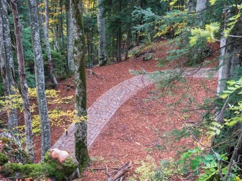 Cobblestone hiking path called Royal Path (Poteca Regala) in Sinaia, Romania. Stock-Fotos