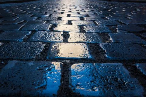 Cobblestone Path Closeup Texture Afternoon Blue Progress Goals Walkway Side.. Stock Photos