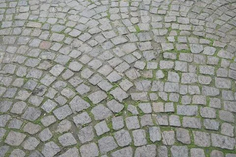 Cobblestone path with grass in the small city square 스톡 사진
