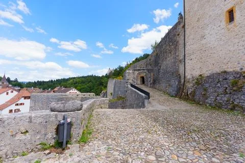 Cobblestone Path Leading to the Medieval Castle of Valangin Switzerland Stock Photos