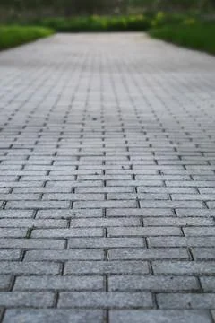 Cobblestone Path Leading Through a Verdant Green Park in Spring 스톡 사진
