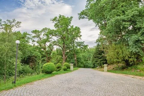 Cobblestone path in palace park Stock Photos