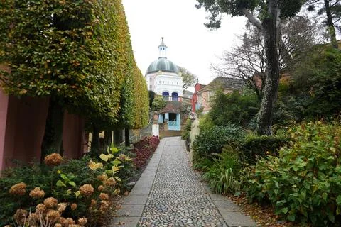 Cobblestone Path Through Unique Architecture And Gardens Of Portmeirion, North Stock Photos