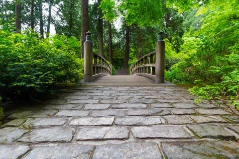 Cobblestone Path to Wood Bridge springtime in Japanese garden Fotos Stock
