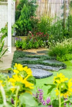 Cobblestone pathway in the garden. Stock Photos