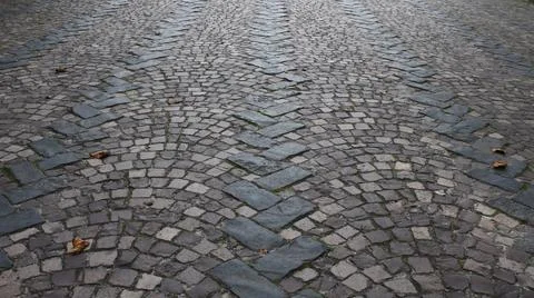 Cobblestone paved road texture with fall leaves Stock Photos