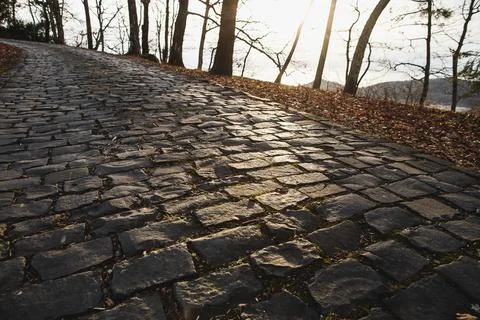 Cobblestone road going down. Sunset in forest. Road of large stones Stock Photos