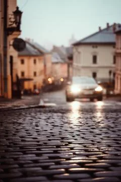 Cobblestone Road Path Closeup Depth of Field Overcast Weather Texture Asphalt Stock Photos