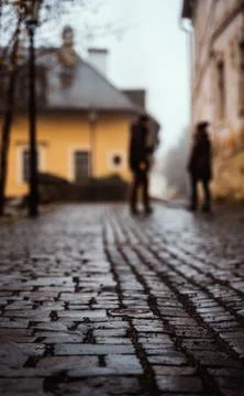 Cobblestone Road Path Closeup Depth of Field Overcast Weather Texture Asphalt Stock Photos