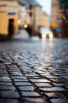 Cobblestone Road Path Closeup Depth of Field Overcast Weather Texture Asphalt Stock Photos