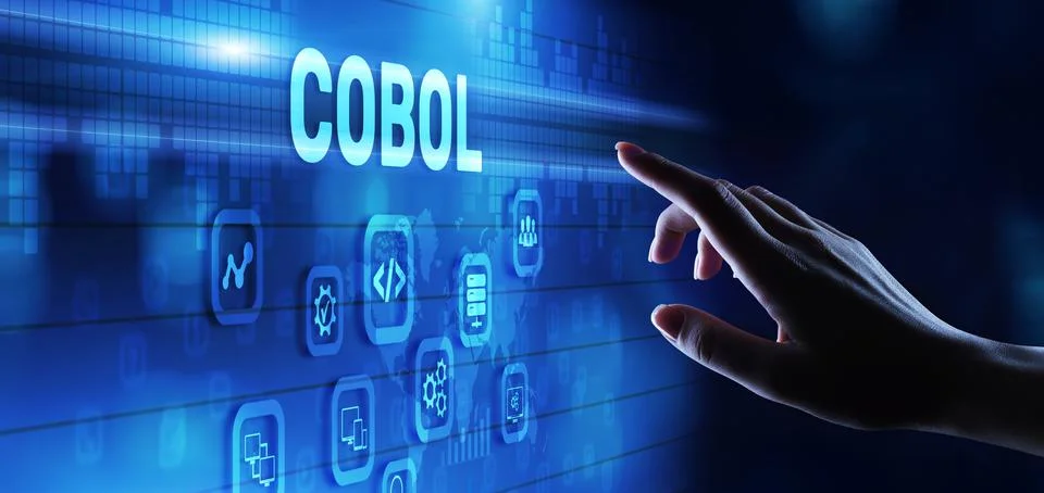 Cobol programming language software development concept on vitual screen Stock Photos