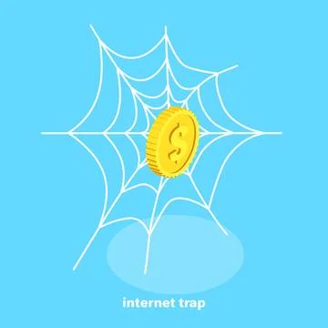Cobweb on blue background and coin, isometric image Stock Illustration