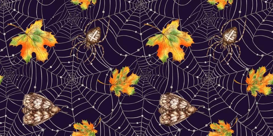 Cobweb spider butterfly maple leaf pattern on blue watercolor background Illustrazione stock