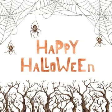 Cobweb spiders and dry branches frame watercolor Stock Illustration