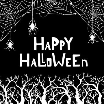 Cobweb spiders and dry branches frame white on black watercolor Stock Illustration