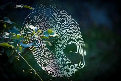 Cobweb web in the summer forest in the early morning with tangled insects Stock Photos