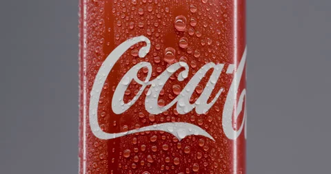 Coca-Cola metal can in small drops of water closeup. Stock Footage 144382178