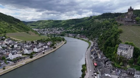 Cochem aerial view over river and historic castle 스톡 동영상 323021311