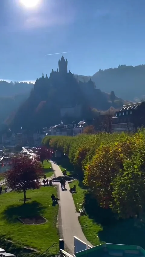 Cochem Castle Viewed from a Tree-Lined Street Parking Lot Stock Footage 339876629