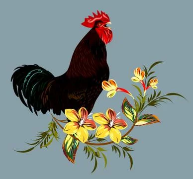 Cock in a thicket of flowers Stock Illustration