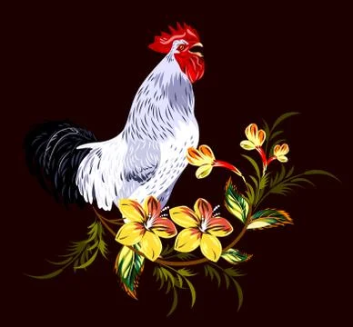 Cock in a thicket of flowers 스톡 일러스트