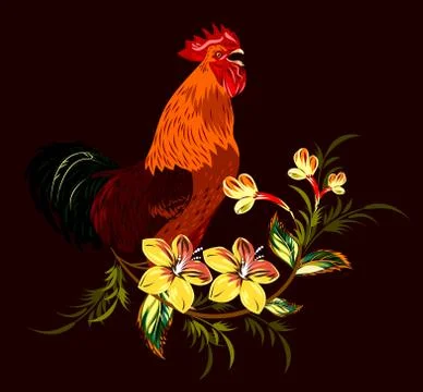 Cock in a thicket of flowers Stock Illustration