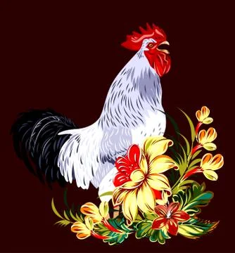 Cock in a thicket of flowers Stock Illustration