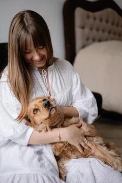 Cocker spaniel dog playing and cuddling with his female owner on the floor at Stock Photos