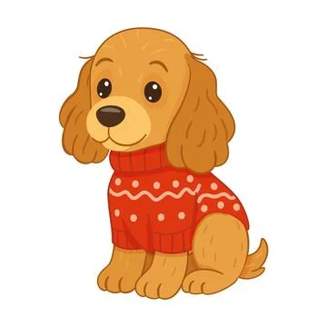 Cocker Spaniel dressed in festive red Christmas sweater. Flat style vector .. Stock Illustration
