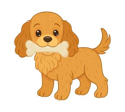 Cocker spaniel standing with large bone in mouth. Flat style vector illustr.. Stock Illustration