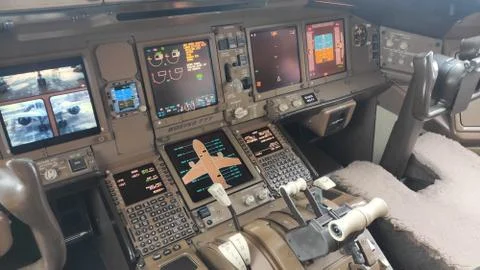 Cockpit of the aircraft. Dashboard Boeing 777-300 Stock Photos