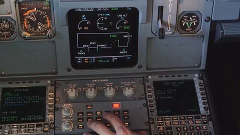 The cockpit of the aircraft. The pilot checks the electronics of the aircraft. Stock Footage 84360053