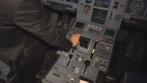 The cockpit of the aircraft. The pilot checks the electronics of the aircraft. Stock Footage 97995274