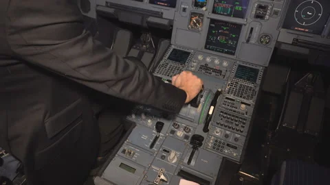 The cockpit of the aircraft. The pilot checks the electronics of the aircraft. Stock Footage 97995536
