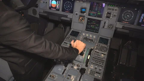The cockpit of the aircraft. The pilot checks the electronics of the aircraft. Stock Footage 97995854