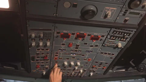 The cockpit of the aircraft. The pilot checks the electronics of the aircraft. Stock Footage 97999637