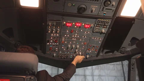 The cockpit of the aircraft. The pilot checks the electronics of the aircraft. Stock Footage 97999891