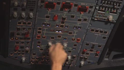 The cockpit of the aircraft. The pilot checks the electronics of the aircraft. Stock Footage 98000010
